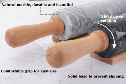 Marble Rolling Pin with Wooden Cradle Thick Handle Set for Baking,18.5 inch Premium Quality Polished Roller for Pizza Dough,Fondant,Pie Crust,Non-Stick Surface Easy to Clean(White)