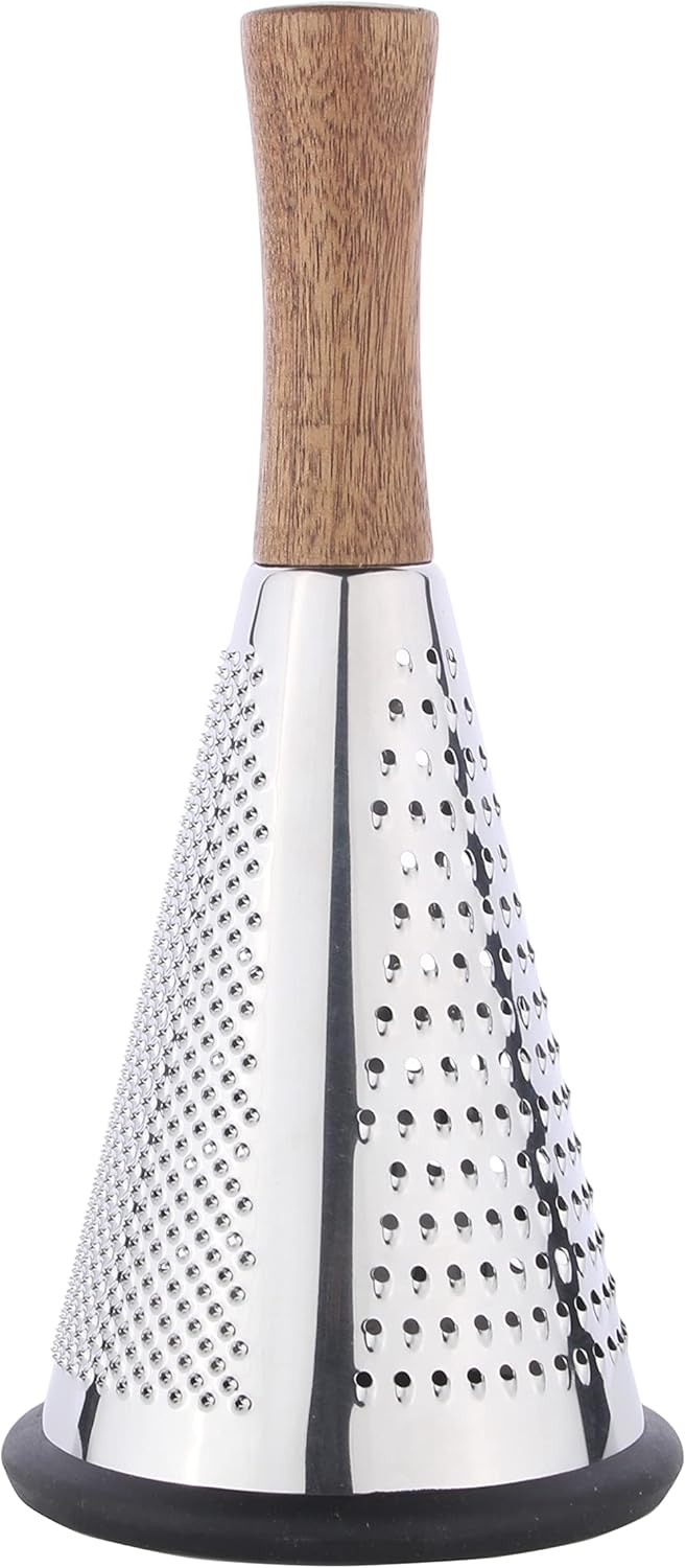 Cone Cheese Grater with Handle - Stainless Steel Triple Function Wood Handle Parmesan Shaver Non-Slip Rubber Bottom Hand Held Multifunction Vegetables Cheese Grater with container(S: 7.7" X 3.5")
