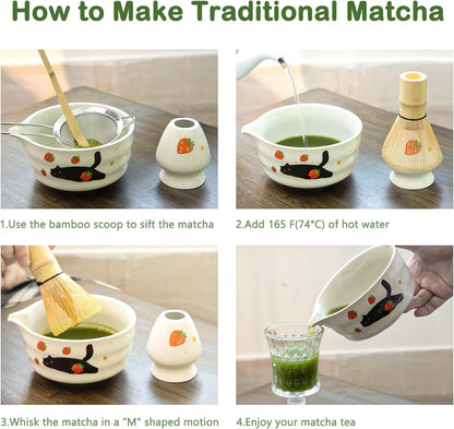 Matcha Whisk Set, 5 Pcs Traditional Japanese Matcha Whisk Preparation Kit, White Glossy Ceramic Bowl with Black Cat and Strawberry Pattern