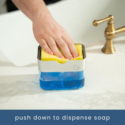 S&T INC. Dish Soap Dispenser and Sponge Holder for Kitchen Sink, Sponge Included, 13 Ounces, Metallic Silver