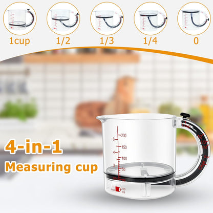 4-in-1 Adjustable Measuring Cup with Base, Multi Measurement for 1/4 to 1 Cup, ML/OZ, Scraper Base for No Waste, Dishwasher Safe