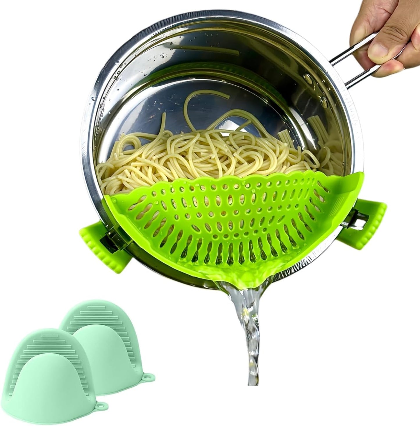 Clip on Strainer Silicone with Silicone Glove | Versatile for All Pans and Pots, Noodle Pasta Pot Strainer Silicone Colander for Vegetables Meat Fruit Spaghetti, Food Strainers (Green)