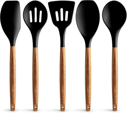 Zulay Kitchen Utensils Set Non-Stick Silicone Cooking Utensils Set with Authentic Acacia Wood Handles - 5 Piece Silicone Utensil Set - Kitchen Utensils Set with 464°F Heat Resistance - Gray