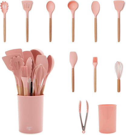 GreenLife 11 Piece Silicone Utensil Crock Set, Nonstick Kitchen Tools, Ladle, Turner, Slotted Turner, Spatula, Spoon, Spaghetti Server, Brush, Whisk, Tongs, Crock, Cream White