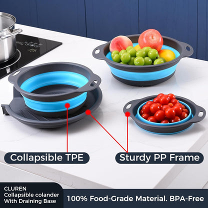 Collapsible Colander Set with Oversized Draining Tray | 3-Pack Foldable Kitchen Strainers + Base | Space Saving for Pasta, Veggies, Fruit & Rice | 5 Colors (Gray-White)
