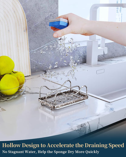 Consumest Sponge Holder for Kitchen Sink - Movable Sink Caddy for Countertop Organizer, 304 Stainless Steel Sponge Holder with Detachable Drip Tray for Kitchen Accessories-Silver