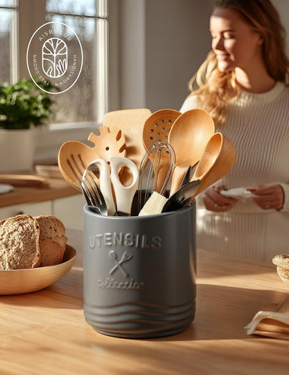 AISBUGUR Large Ceramic Utensil Holder: 7.5" H×6.3" W with Slanted Mouth - Utensil Crock with Non-Slip Cork Base for Kitchen Counter, Ideal for Decor & Gift,white utensil holder