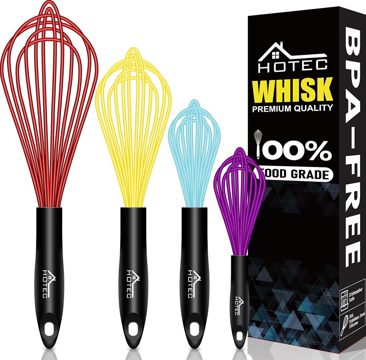 HOTEC 4 Pieces Silicone Whisks Set, Wire Balloon Whisks for cooking Egg Beater, Non-slip Handle Whisk for Non-stick Cookware Perfect for Cooking, Stirring, Beating and Blending (Multicolor)