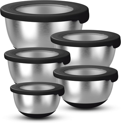 KITEISCAT Stainless Steel Mixing Bowls with Lids – Set of 5 Large Nesting Metal Bowls for Kitchen, Baking, Cooking, Food Prep & Storage, Non-Slip Base, Dishwasher Safe,Khaki