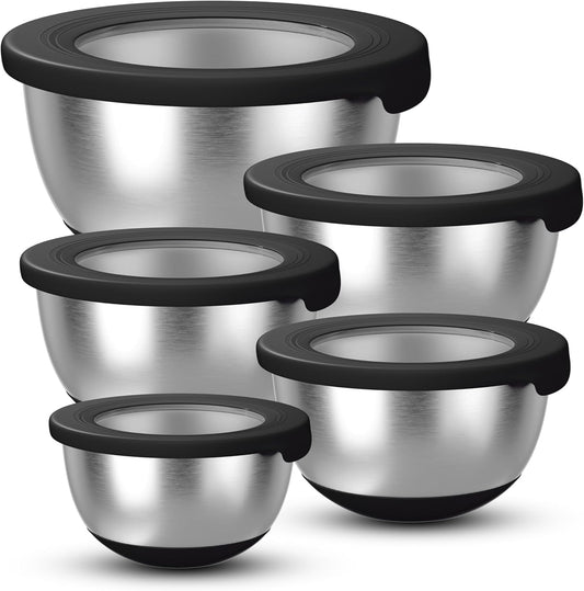 KITEISCAT Stainless Steel Mixing Bowls with Lids – Set of 5 Large Nesting Metal Bowls for Kitchen, Baking, Cooking, Food Prep & Storage, Non-Slip Base, Dishwasher Safe,Khaki