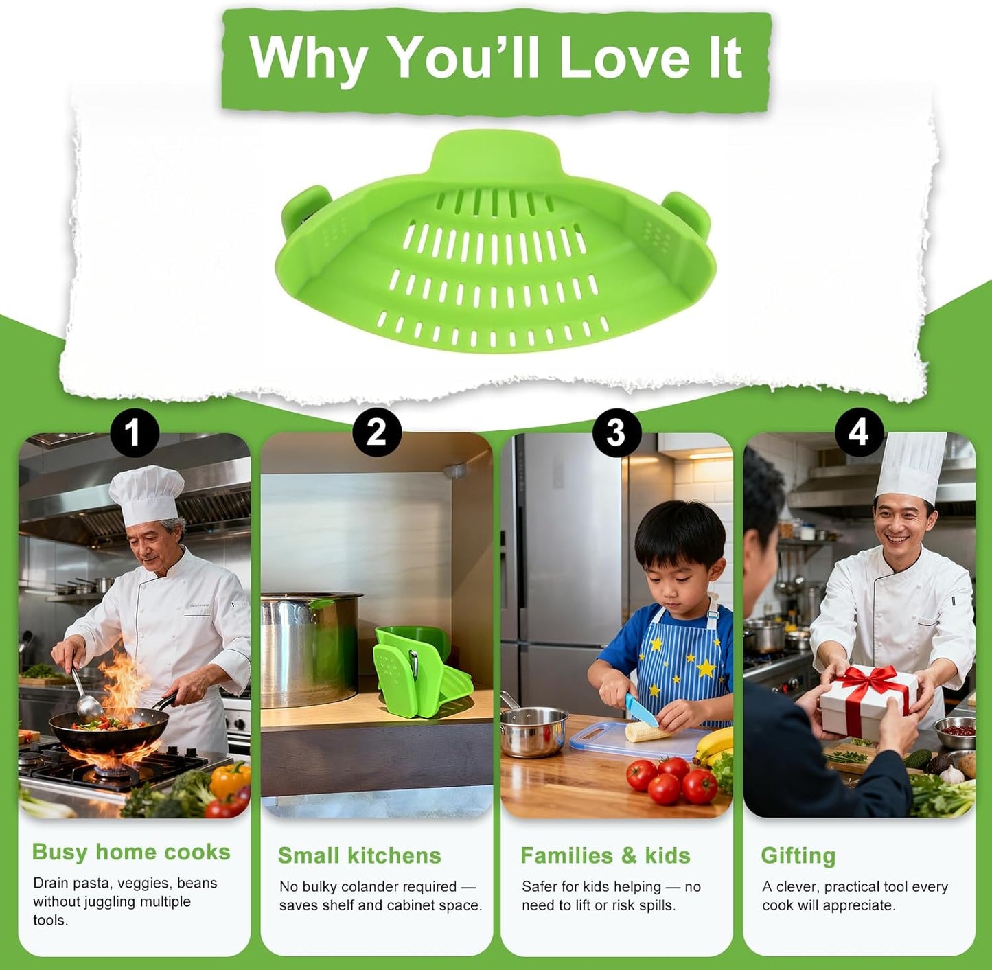 Pasta Strainer Clip-on Silicone Colander for Pot, Pan & Bowl, Heat-Resistant BPA Free Food Drainer with Stainless Steel Clips for Noodle, Meat, Fruit & Vegetable, Space Saving Kitchen Gadget