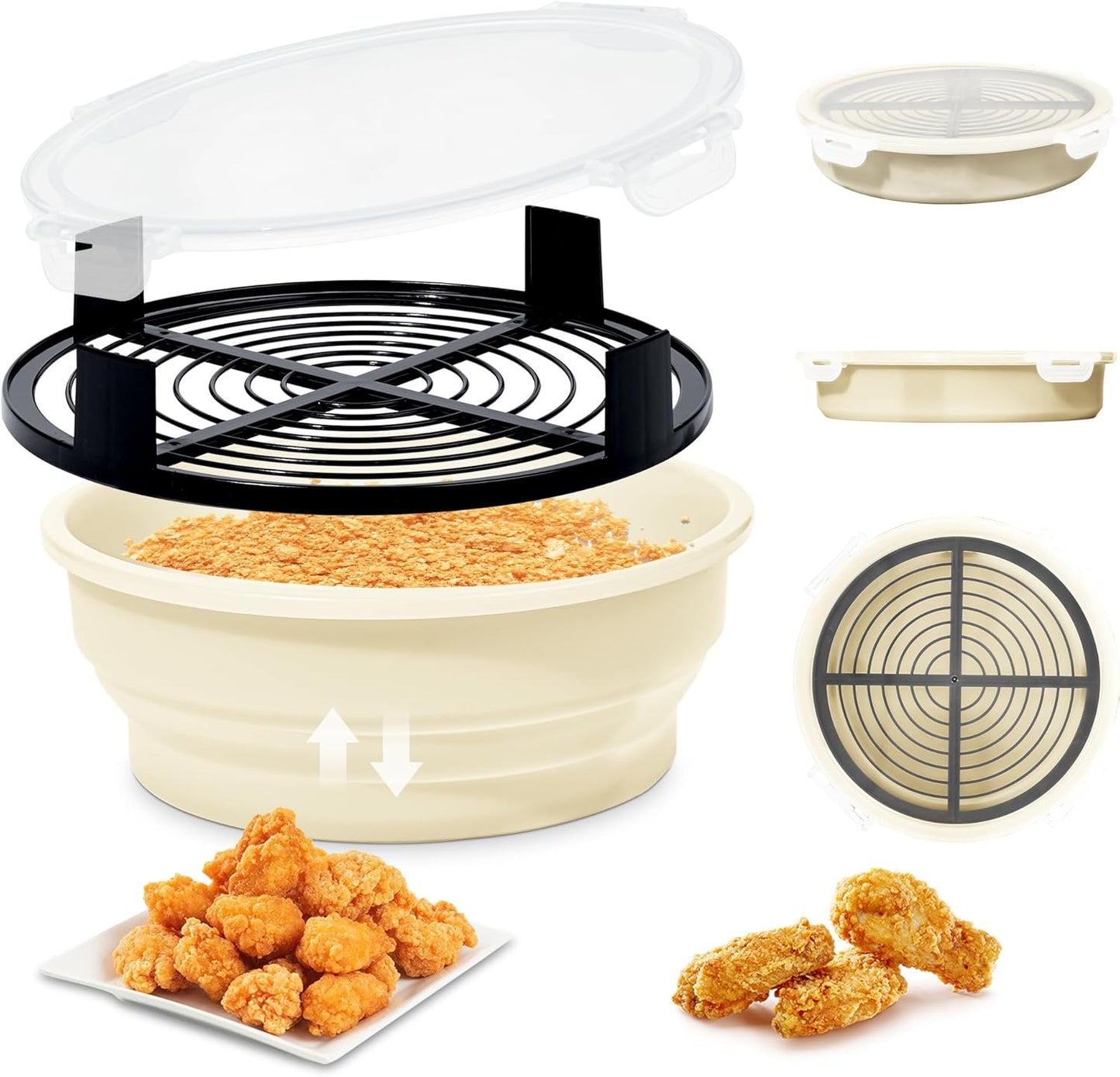 FJNATINH Collapsible Batter Bowl - Mess Free Better Breader Shaker Bowl with Lid Breading Shaker Container - Great for Fried Fish, Fried Chicken, Onion Rings, Wings & More,No Leak,Easy to Store