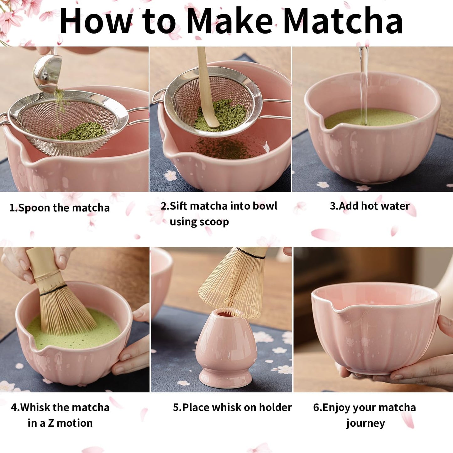 8 Pcs Matcha Whisk Set - HTRCXB Matcha Set with Ceramic Bowl, Bamboo Whisk & Holder, Scoop, Sifter, Measuring Spoon, Scoop Rest & Tea Towel, Complete Gift Kit for Beginners & Tea Lovers