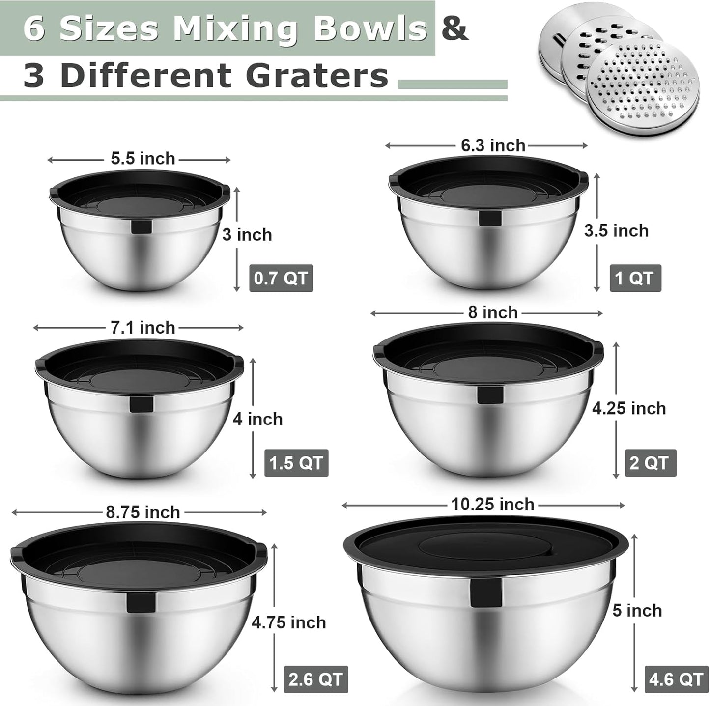 P&P CHEF Mixing Bowls with Lids Set of 6, Stainless Steel Nesting Salad Bowl & 3 Grater Attachments for Prepping Storing, 4.6/2.6/2/1.5/1/0.7 QT, Khaki