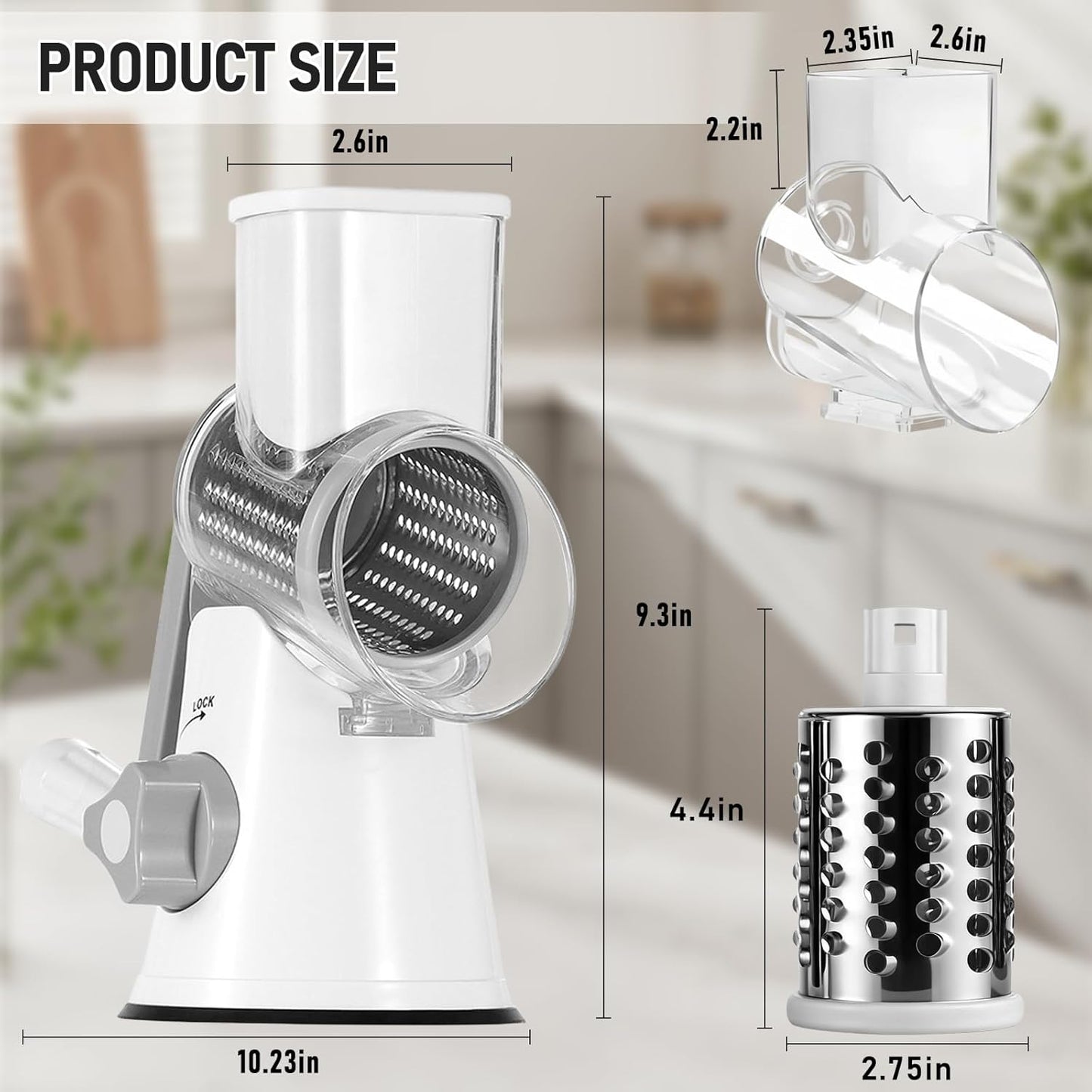 Rotary Cheese Grater, Hand Kitchen Crank Shredder Speed Mandolin Slicer Nuts Grinder with Handle and Drum Blades for Fresh Cheese, Vegetable, Fruit, Nuts, Non-slip Suction Base, 3 Blades