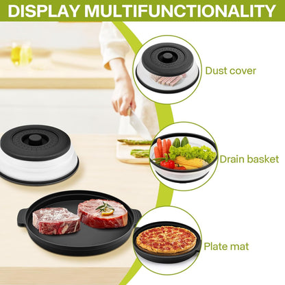 Microwave Splatter Cover for Food with Anti-scald Base Plate,Large Plastic & Silicone Vented Avoid Scalding Collapsible Guard Lid, Plate & Kitchen Colander for Meal Prep-10.7 Inch (2pcs-Gray-Black)