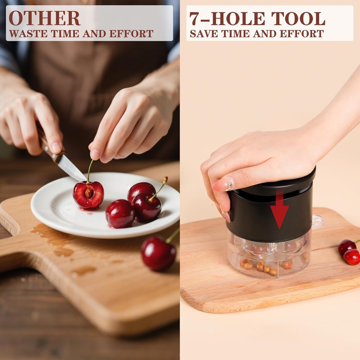 Cherry Pitter, 7-Hole Long Plunger Push Button Cherry Core Remover Tool with Splatter Protector, Quickly Pitting Cherries for Making Jam, Pies (White)