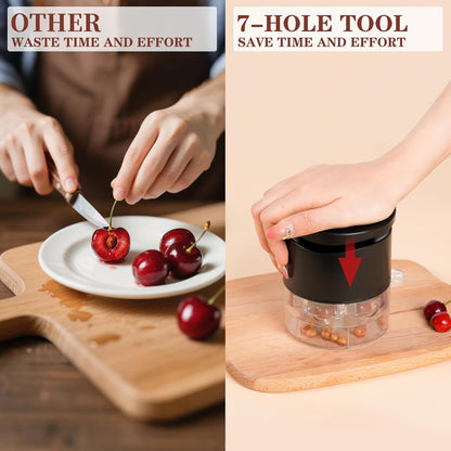 Cherry Pitter, 7-Hole Long Plunger Push Button Cherry Core Remover Tool with Splatter Protector, Quickly Pitting Cherries for Making Jam, Pies (White)
