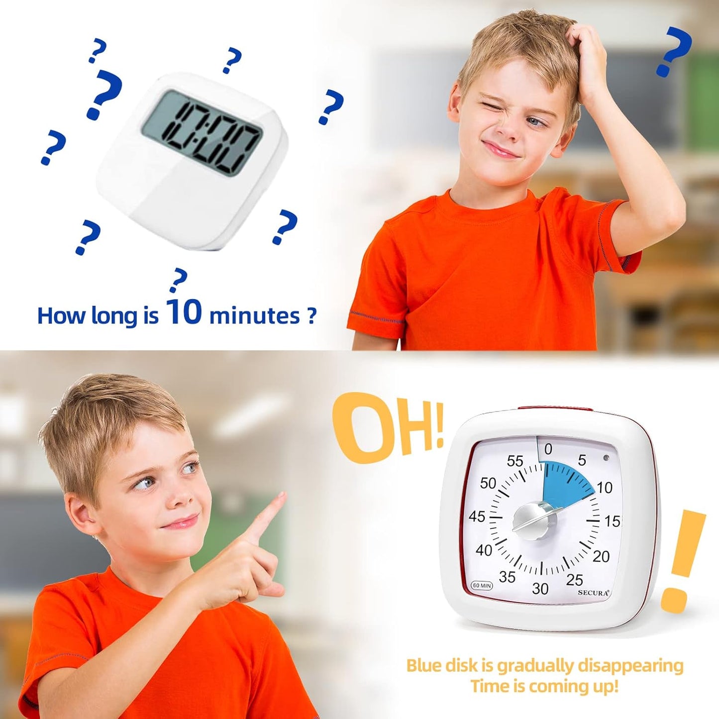 Secura 60-Minute Visual Timer, Silent Study Timer for Kids and Adults, Time Clocks, Time Management Countdown Timer for Teaching (Navy Blue & Navy Blue)
