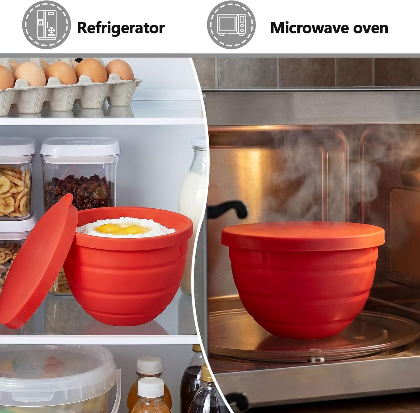 3 Pack Silicone Bowl Liners with Lids for KitchenAid 5QT Tilt Head Mixer, Collapsible Food-Grade Bowl Inserts, Thick Heat/Cold Resistant Silicone Mixing Bowl Liners