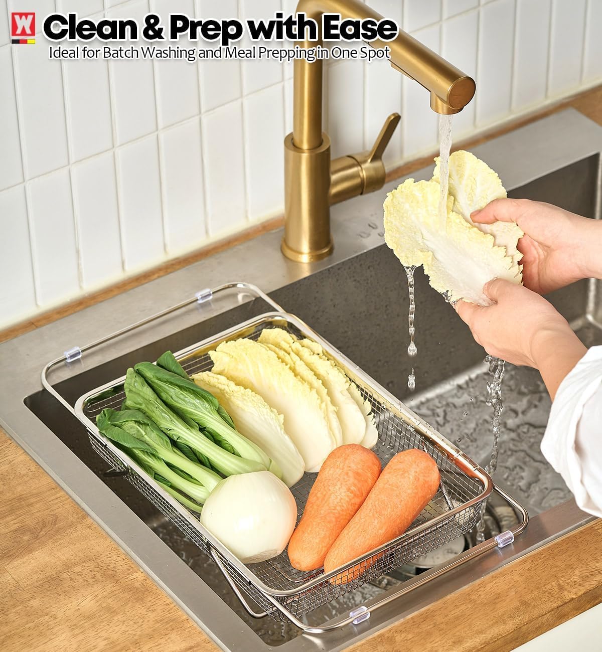 WAGENSTEIGER Extendable Dish Rack with Feet, Vegetable Colander Basket, Stainless Steel Dish or Silverware Drying Rack, Ultimate Kitchen Organizer Over the Sink (12.40 x 5.12 x 2.36 Inches)