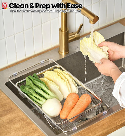 WAGENSTEIGER Extendable Dish Rack with Feet, Vegetable Colander Basket, Stainless Steel Dish or Silverware Drying Rack, Ultimate Kitchen Organizer Over the Sink (12.40 x 5.12 x 2.36 Inches)
