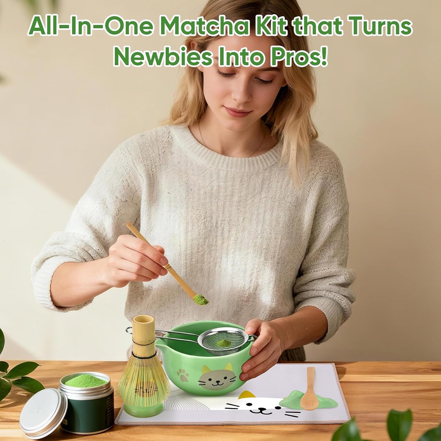 Matcha Whisk Set, 5Pcs Ceramic Matcha Set Includes Matcha Bowl, Matcha Whisk and Holder, Bamboo Scoop and Sifter, Ideal Matcha Bowl Set for Authentic Matcha Tea Experience