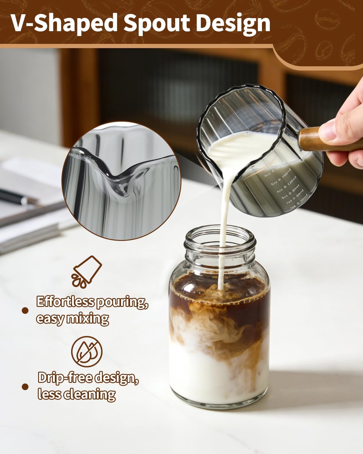 2 Pack Espresso Measuring Cup, 6oz Borosilicate Glass Espresso Cups with Wood Handle, V-Shaped Spout Milk Frothing Cup for Coffee, Tea, Syrup – Dishwasher Safe