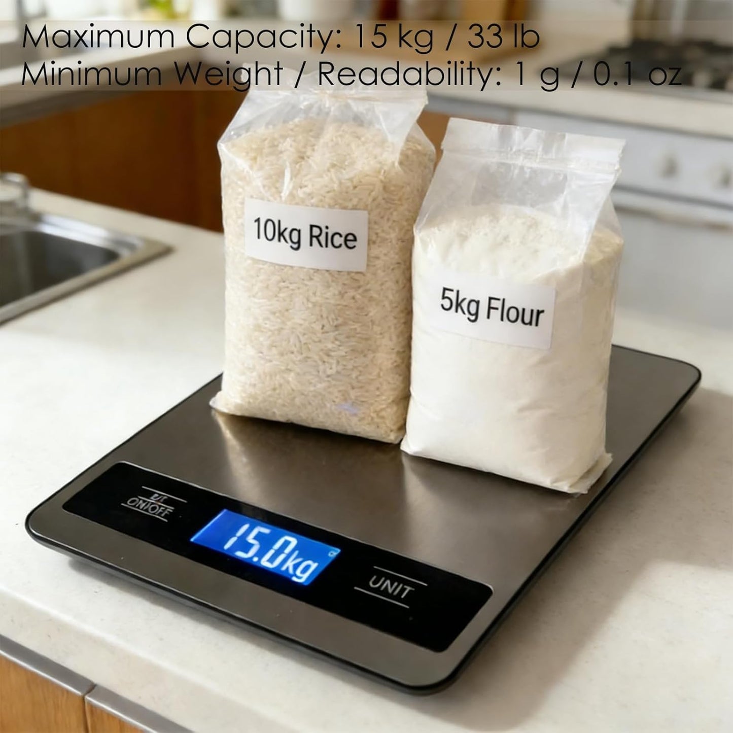 Kitchen Food Scale 33lb/15kg, High Precision 1g Digital Weight Scale with Timer & Backlit LCD, Stainless Steel, Tare & Unit Conversion (g/oz/ml/lb) for Pet Care or Cooking Baking Coffee Meat Bread