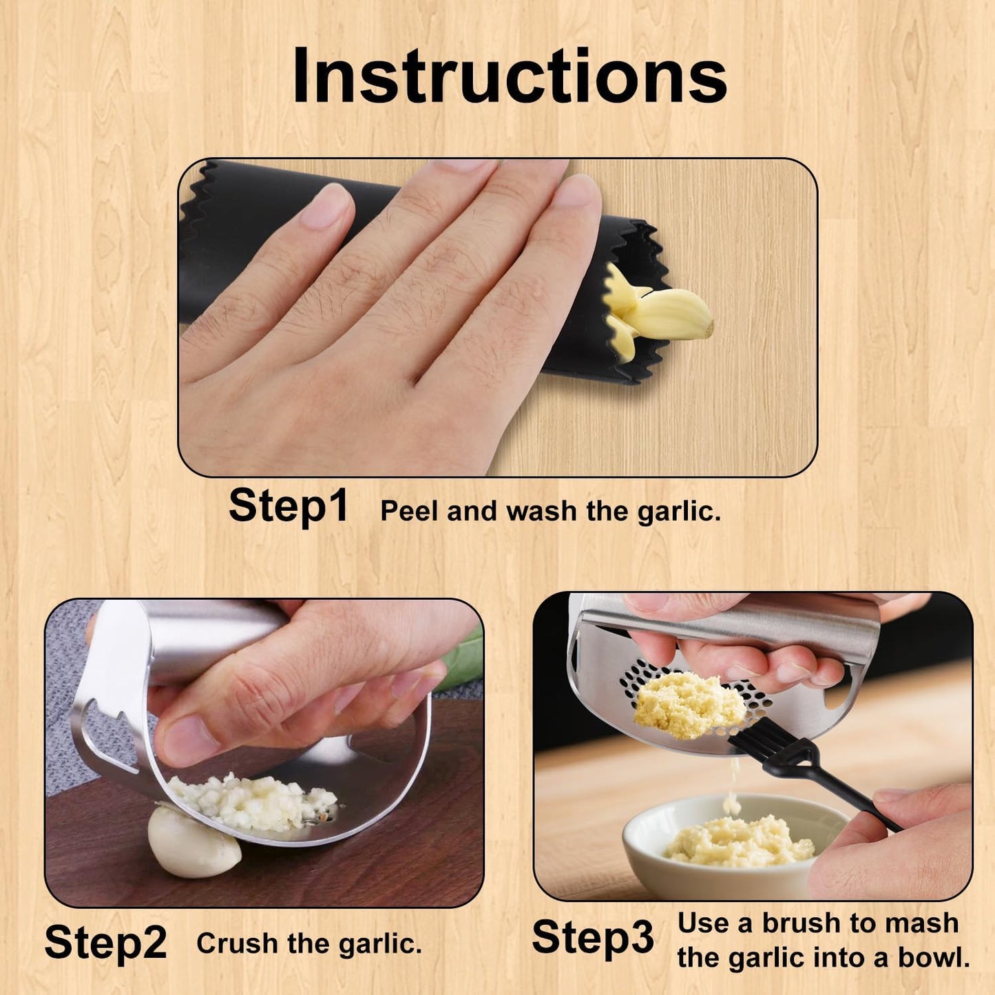 Stainless Steel Garlic Press Set, Includes 2 Stainless Steel Garlic Press Tools 1 Silicone Peeler Tube and 1 Brush Practical Kitchen Gadgets for Easy Smashing