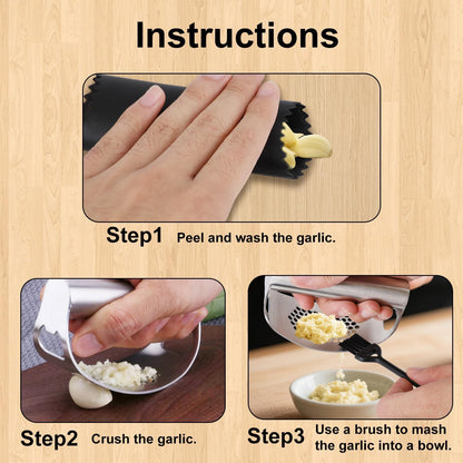Stainless Steel Garlic Press Set, Includes 2 Stainless Steel Garlic Press Tools 1 Silicone Peeler Tube and 1 Brush Practical Kitchen Gadgets for Easy Smashing