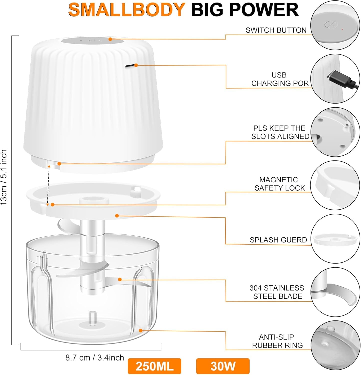 400ML Electric Garlic Chopper, 6 Blades Garlic Grinder Mini Vegetable Chopper, USB Portable Veggie Chopper, Onion Mincer, Food Processor for Ginger, Chili, Fruit, Meat