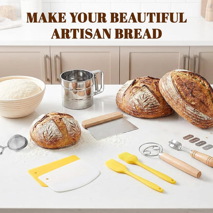 Sourdough Bread Baking Tool Set with Bread Lame & Blades Danish Dough Whisk Bowl Scraper Dough Scraper, Cleaning Brushand Silicone Brush Filter Tennis Ball,Spraying template, Sourdough Starter Kit