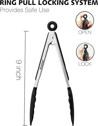 Anaeat Non-Stick Silicone Locking Tong Set of 3 - Stainless Steel 7", 9", 12" Kitchen Food Tongs with Non-Slip Silicone Tips and Grip for Cooking, Baking and BBQ - Heat Resistant up to 480°F (Black)