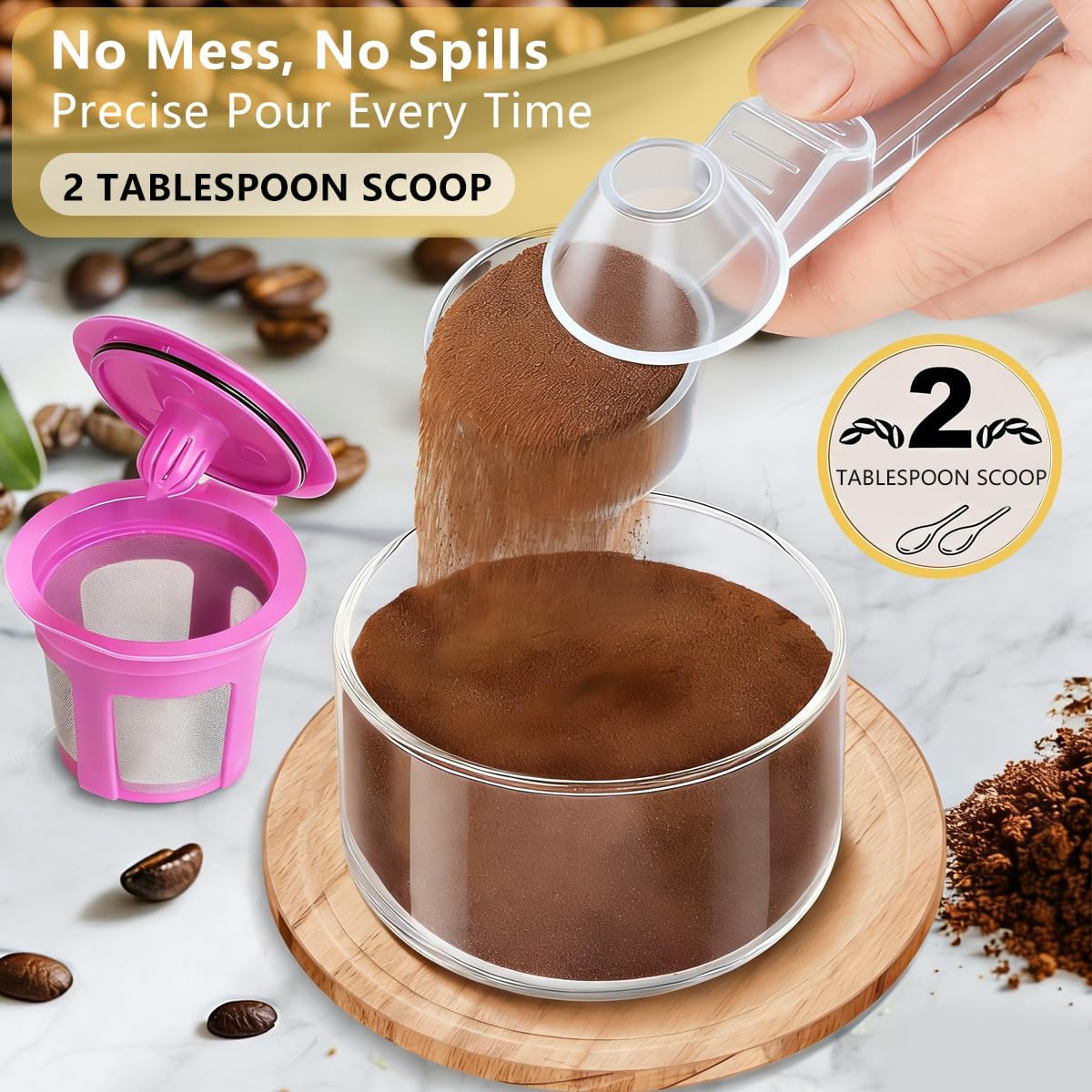 Credon Coffee Scoop with Funnel for Ground Coffee & Protein Powder – Coffee Bean Measuring Spoon, 2 Tablespoon Slide Scoop for Reusable K-Cup, Precision Spill-Proof (Black)