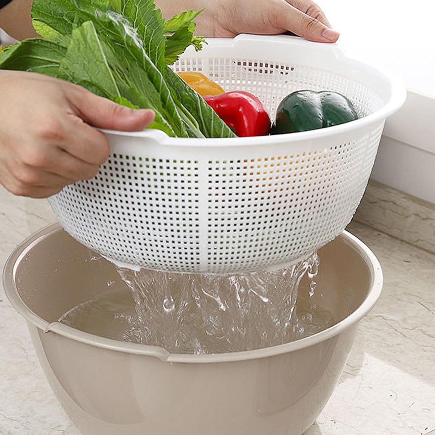 2 in 1 Kitchen Strainer Colander Bowls Set, Thickened Plastic Detachable Double Layer Drainage Basket Fruit Colander Draining Bowl Vegetable Washing Basket for Cleaning Washing(12 x 27cm