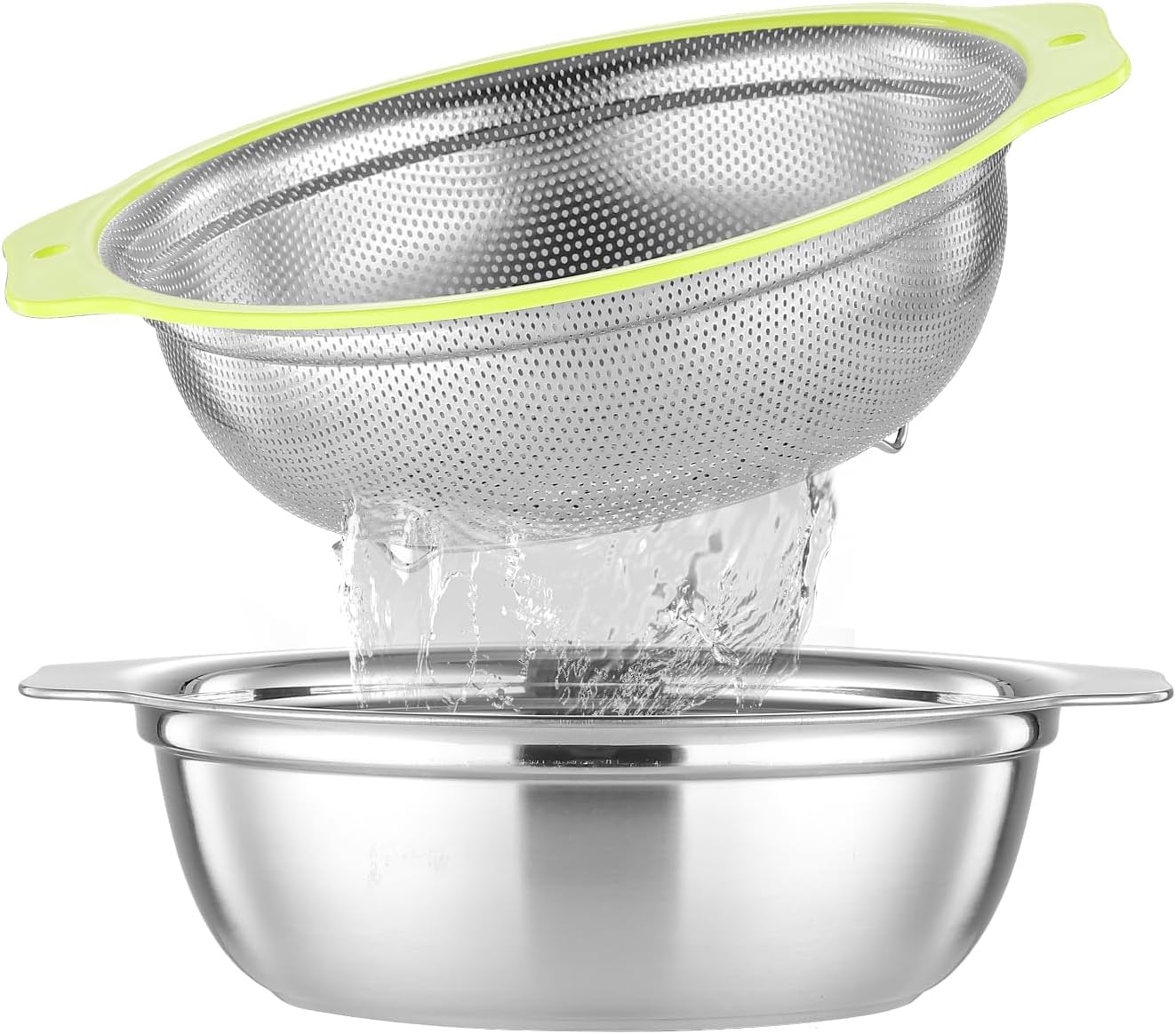 Colander Stainless Steel Microporous, 2QT Rice Strainer with Mixing Bowl, Rice Washer Bowl Set with Handle, Food-Grade Strainers and Colanders for Kitchen, Pasta, Fruit, Dishwasher Safe
