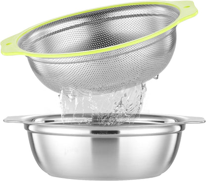Colander Stainless Steel Microporous, 2QT Rice Strainer with Mixing Bowl, Rice Washer Bowl Set with Handle, Food-Grade Strainers and Colanders for Kitchen, Pasta, Fruit, Dishwasher Safe