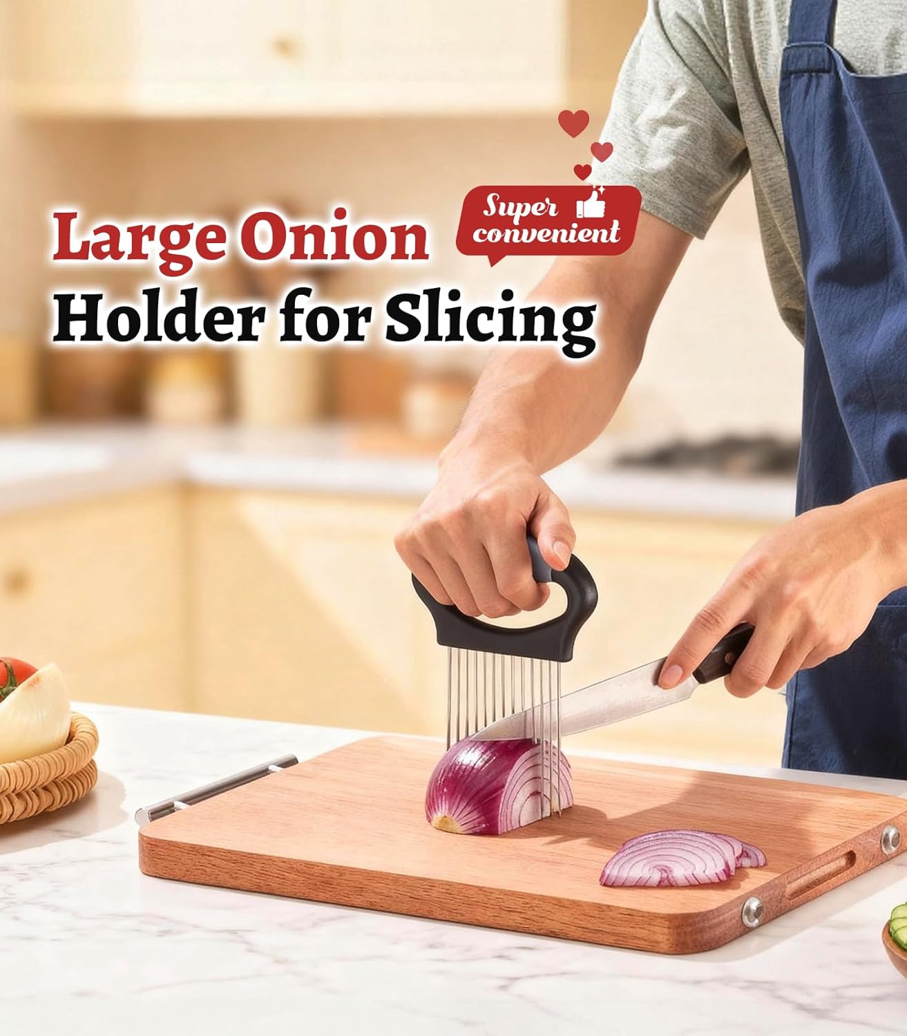 Large Onion Slicer Holder, Stainless Steel Onion Holder for Slicing, Onion Cutter Vegetable Chopper with 14 Sharp Needles for Slicing of Tomato Avocados & Meat Tenderizer, Kitchen Gadgets for Cooking