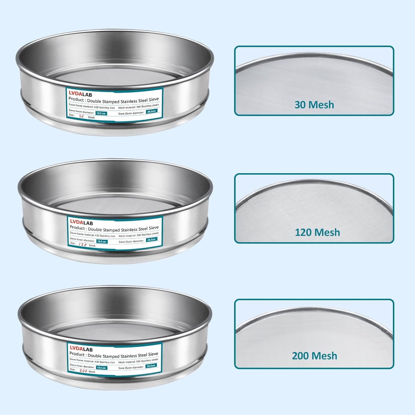 3 Pack 304 Stainless Steel Mesh Lab Sieves, 200mesh 0.075mm, 80 Mesh 0.2mm, 10 Mesh 2mm Aperture Test Sieve,7.9in/20cm Dia Economy Test Sieve for Industrial Laboratory Homes