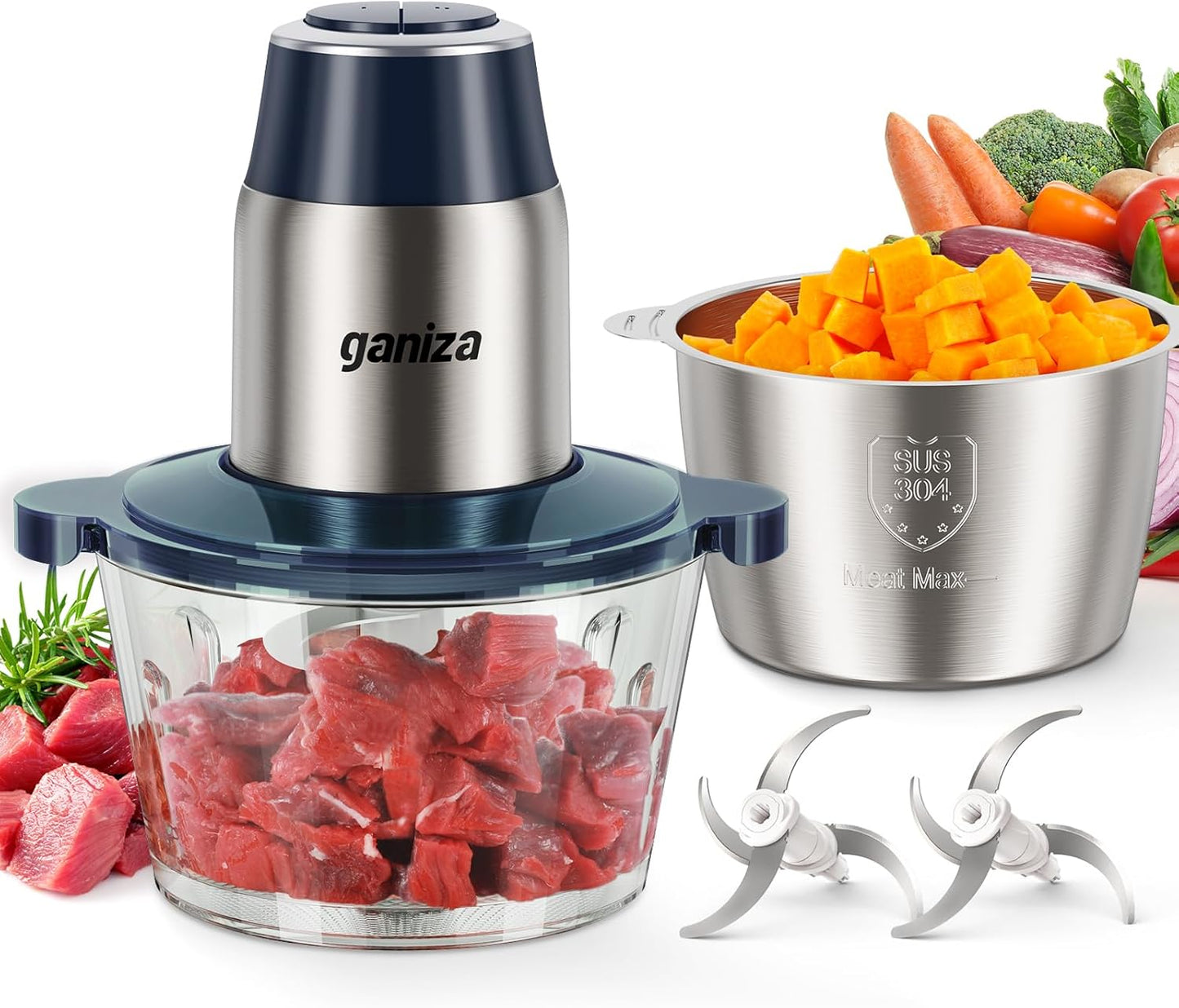 GANIZA Food Processors, Electric Food Chopper with Meat Grinder & Vegetable Chopper - 2 Bowls (8 Cup+8 Cup) with Powerful 450W Copper Motor - Includes 2 Sets of Bi-Level Blades for Fruits/Meat/Nuts