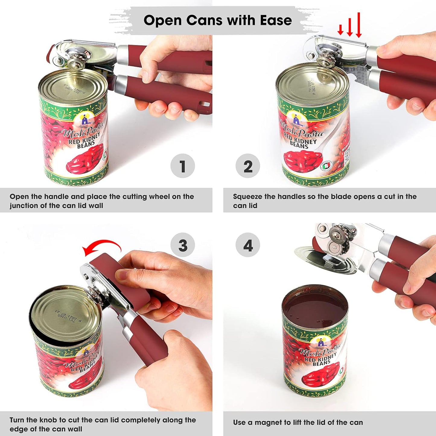 Beneno Heavy Duty Hand Can Opener Manual with Magnet, Durable Sharp Carbon Steel Blade Smooth Cutting, Big Effort-Saving Knob & Soft Grip Handle, Multifunctional Kitchen Tool with Bottle Opener, Green