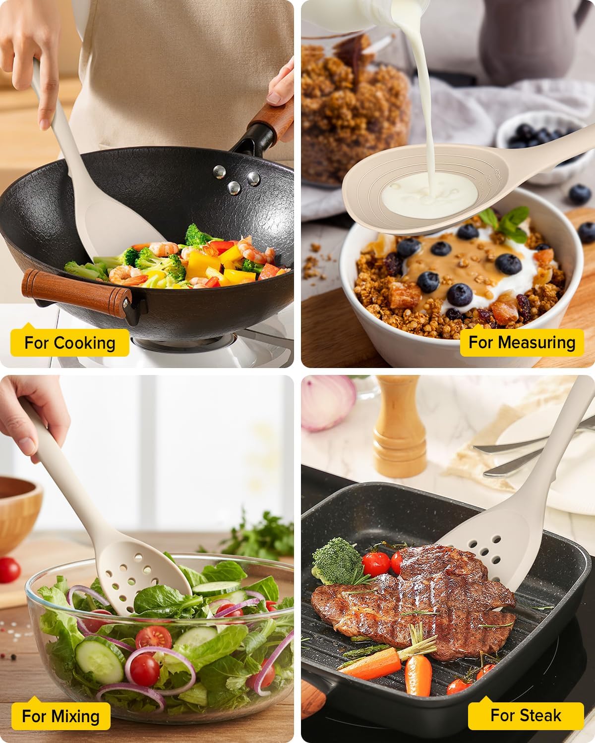 Pack of 4 Silicone Cooking Utensils Set, Non Stick Solid Spatulas and Heat Resistant Slotted Spoons with Back Hooks, Ideal BPA Free Kitchen Utensils Set for Frying,Serving,Turning,Stirring(KHAKI)