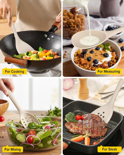 Pack of 4 Silicone Cooking Utensils Set, Non Stick Solid Spatulas and Heat Resistant Slotted Spoons with Back Hooks, Ideal BPA Free Kitchen Utensils Set for Frying,Serving,Turning,Stirring(KHAKI)