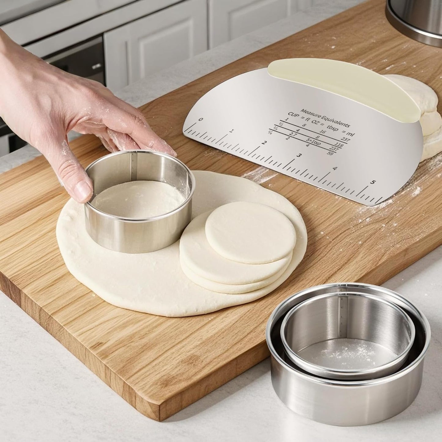Professional Stainless Steel Dough Cutter and Scraper Combo - 2-in-1 Baking Tool for Bread, Pizza & Pastry | Multi-Use Bench Scraper with Kitchen Utensils Grip (Heavy Duty Dough Tool) (Silver/cream)