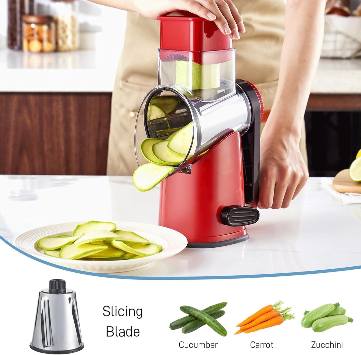 VEKAYA Rotary Cheese Grater Hand Crank with 4 Interchangeable Stainless Steel Blades, Large Manual Handle Shredder and Waffle Slicer for Vegetables, Cheese and Nuts with Table Suction Base(Blue)