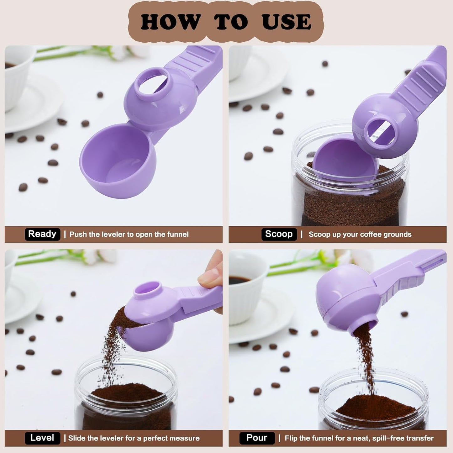 2-in-1 Coffee Scoop with Funnel, 2 Teaspoon Measuring Spoon for Reusable K Cups, Ground Coffee, Protein Powder & Tea, Mess-Free Plastic Design (Pink)