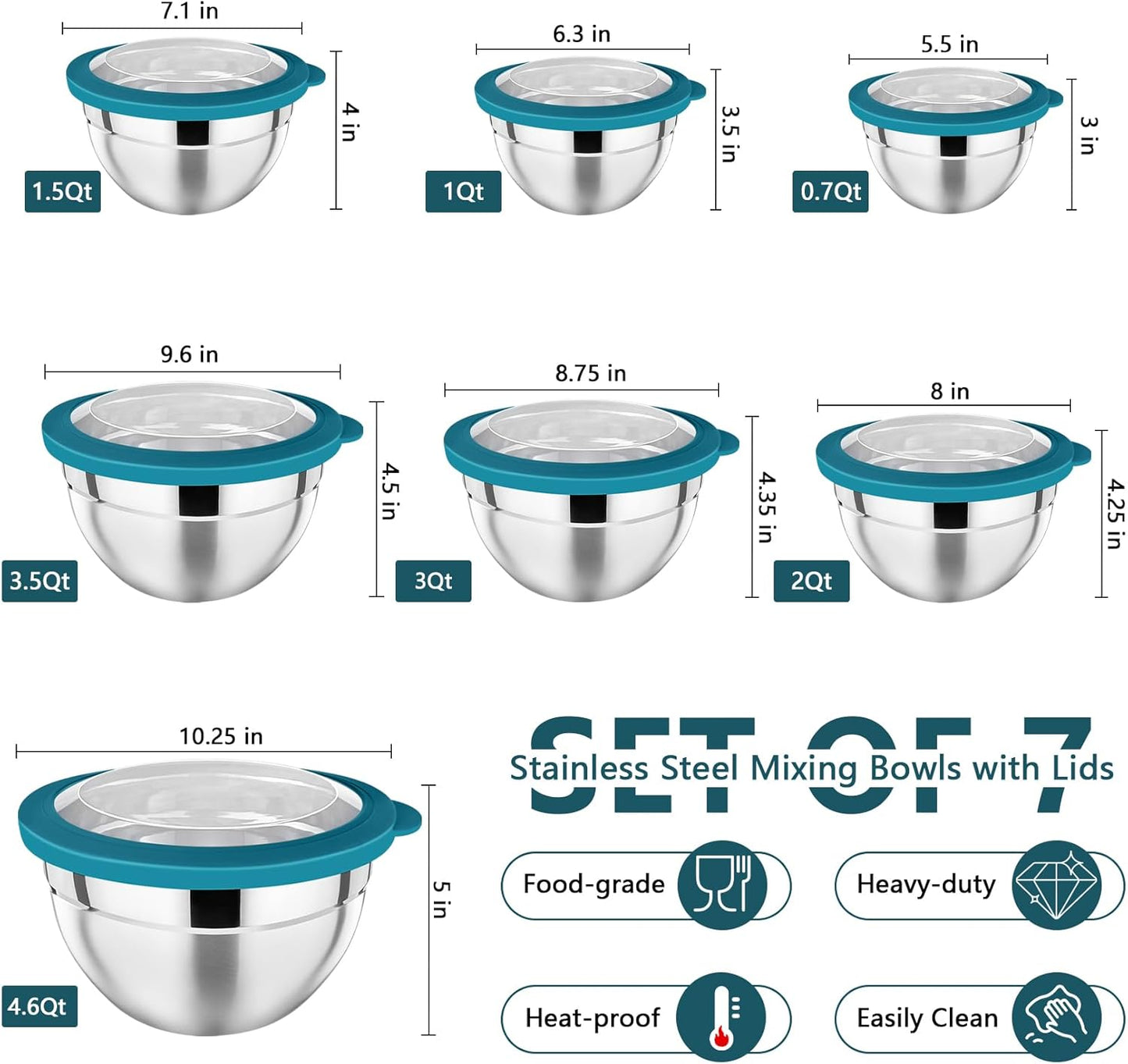 P&P CHEF Mixing Bowl with Lid Set of 7, Stainless Steel Nesting Salad Bowls for Cooking Serving Prepping, Clear Lids & Stackable Design, Size 4.6, 3.5, 3, 2, 1.5, 1, 0.7 Qt - Khaki