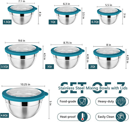 P&P CHEF Mixing Bowl with Lid Set of 7, Stainless Steel Nesting Salad Bowls for Cooking Serving Prepping, Clear Lids & Stackable Design, Size 4.6, 3.5, 3, 2, 1.5, 1, 0.7 Qt - Khaki