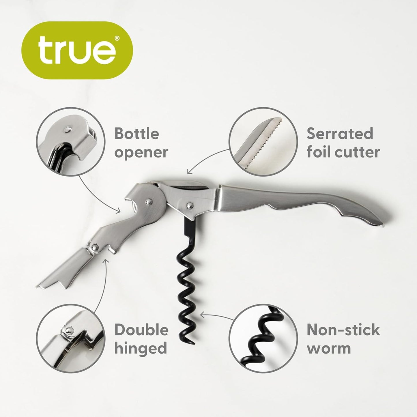 True Truetap Double Hinged Waiter's Corkscrew Wine Opener, Stainless Steel Wine Bottle Opener with Built In Foil Cutter, Home Bar Tools, Bar Cart Accessories, Wedding Gifts, Set of 1, Black